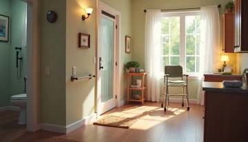 A well-lit home with safety features such as grab bars, non-slip mats, stair railings, nightlights, and medical alert devices, symbolizing a fall prevention checklist for seniors.